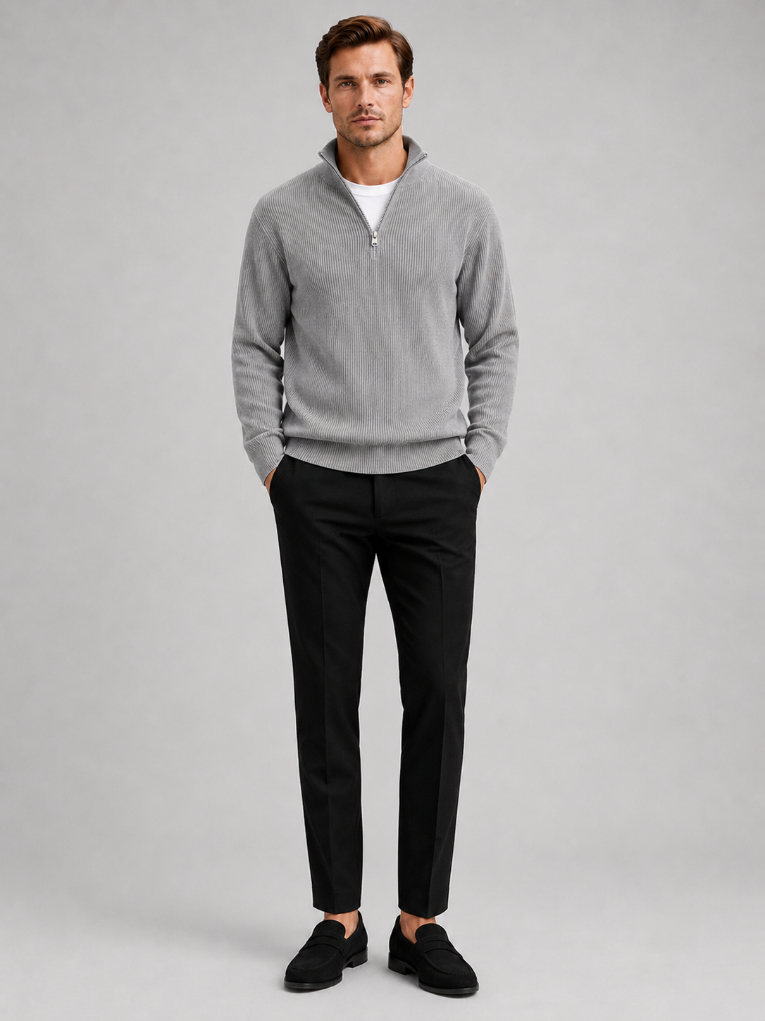 Gray ribbed quarter zip sweater for men warm long sleeve pullover for everyday winter wear