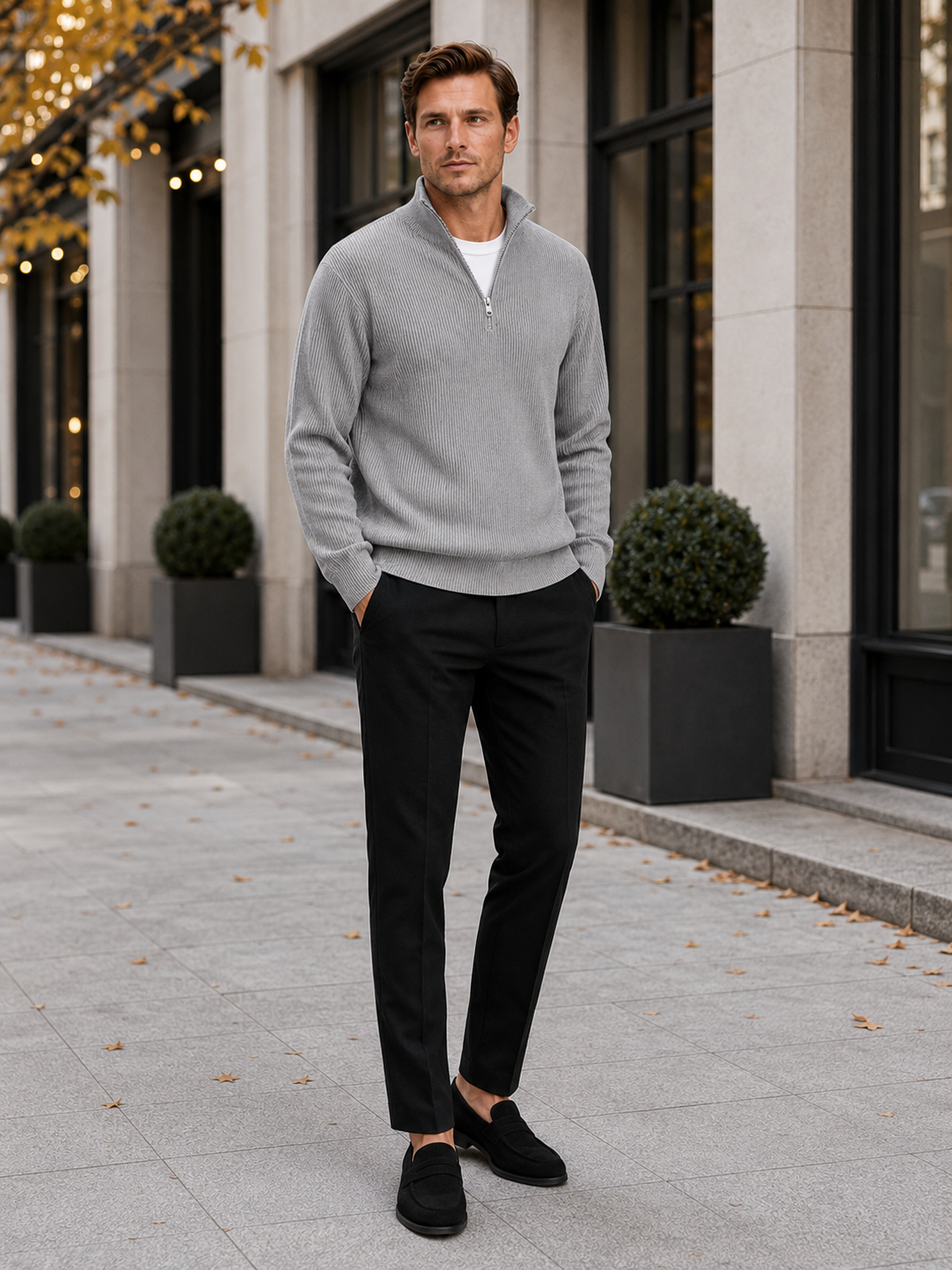 Man styling gray ribbed quarter zip sweater in a clean everyday winter lifestyle outfit
