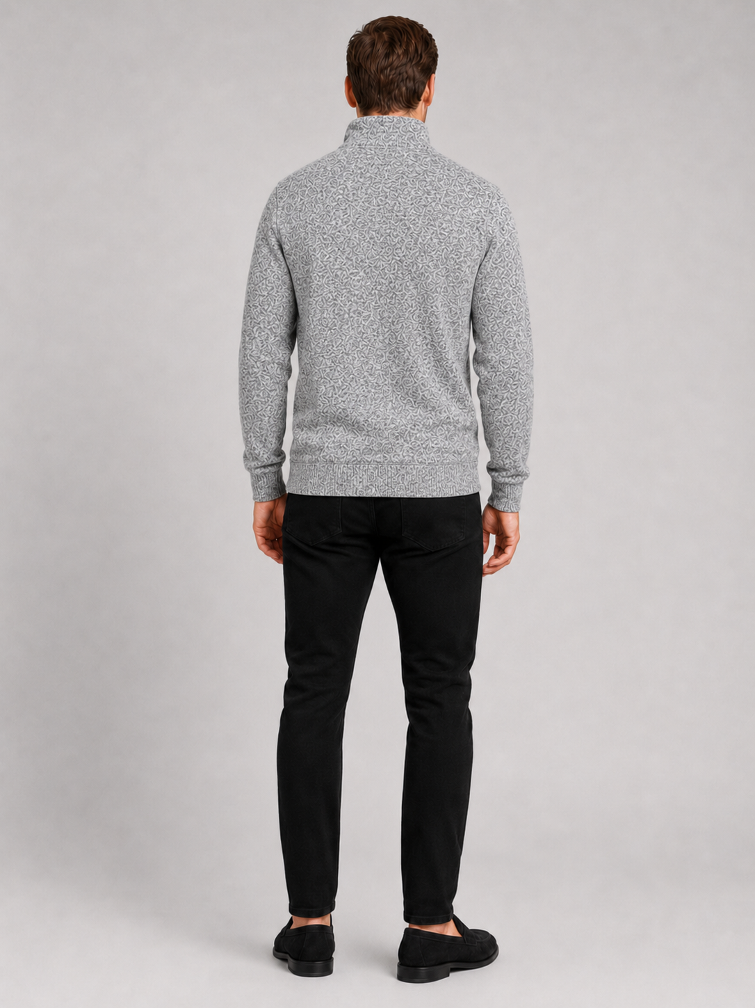 Men’s gray stand collar knit sweater comfortable sportswear layer for outdoor and casual outfits
