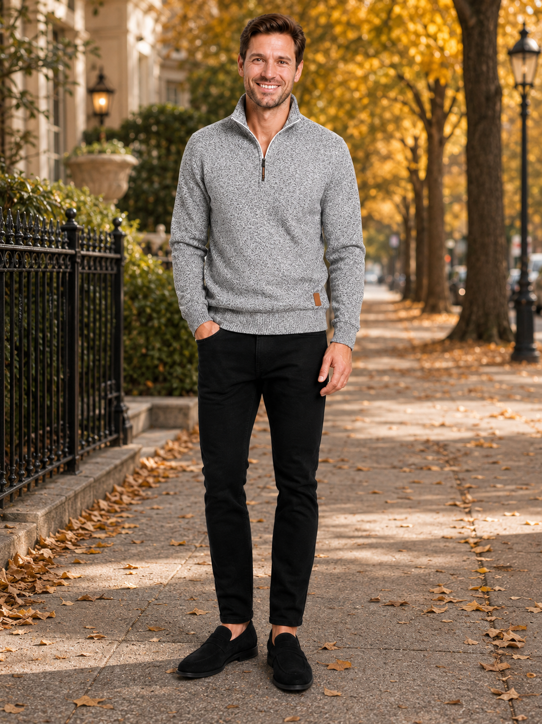 Man styling gray quarter zip sweater in a clean everyday and sportswear lifestyle outfit