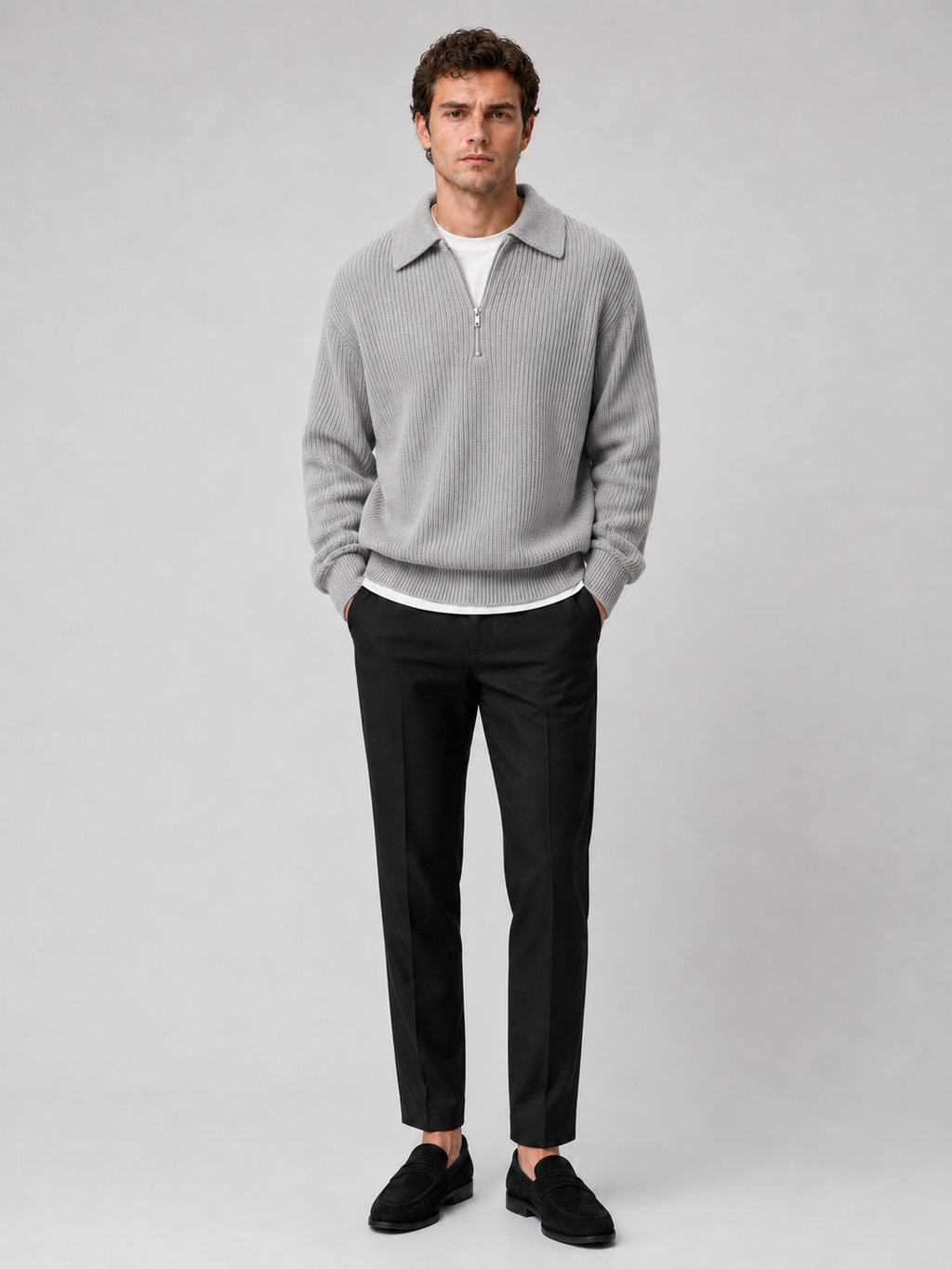 Gray quarter zip polo sweater for men loose fit long sleeve fall pullover for everyday wear