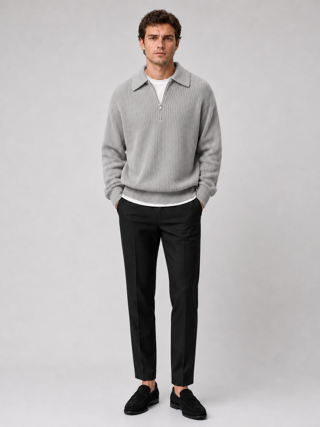 Gray quarter zip polo sweater for men loose fit long sleeve fall pullover for everyday wear