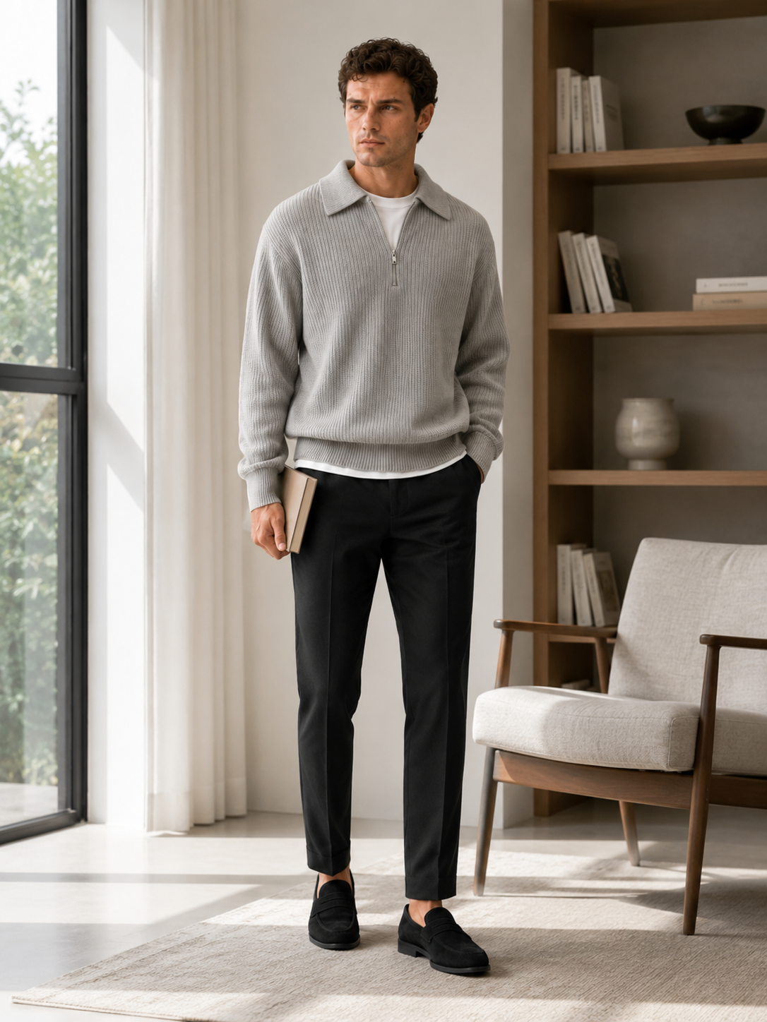 Man styling gray quarter zip polo sweater in a clean everyday fall lifestyle outfit