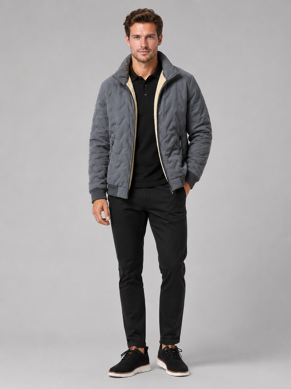 Gray quilted jacket for men windproof warm winter outerwear for outdoor and everyday wear