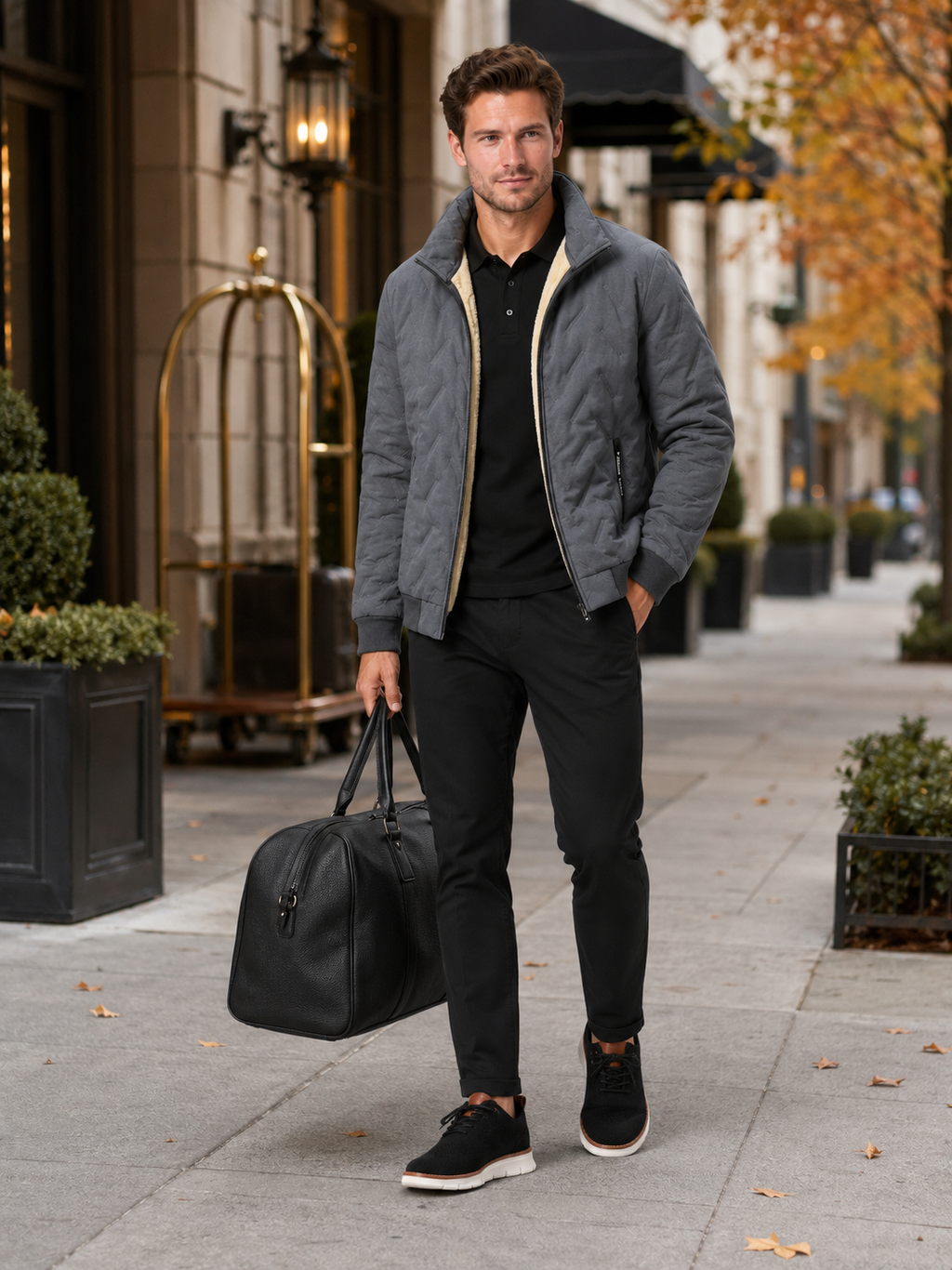 Man styling gray quilted jacket in a clean outdoor and everyday winter lifestyle outfit