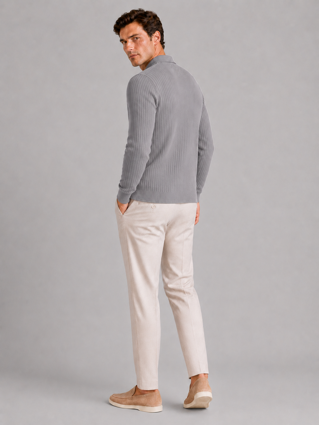 Men’s gray ribbed polo shirt breathable casual top for business and smart casual outfits