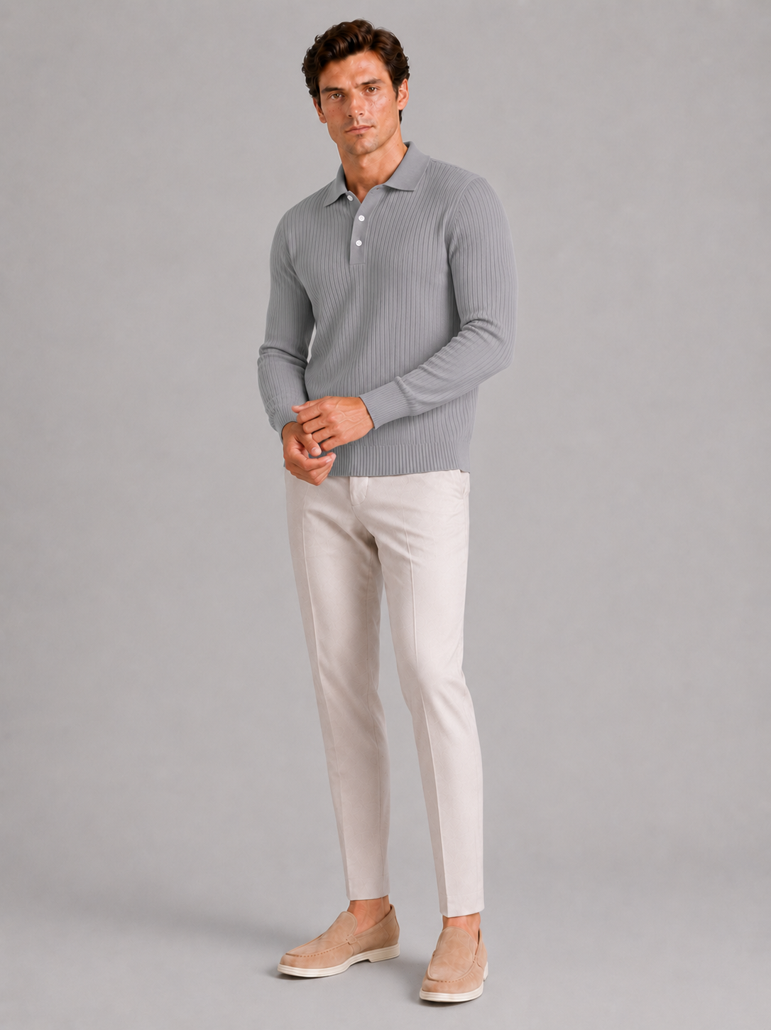 Gray long sleeve polo shirt for men comfortable lightweight top for vacation and everyday wear