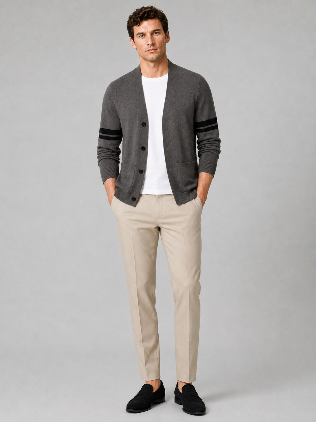 Brown striped cardigan sweater for men lightweight spring layer for everyday wear