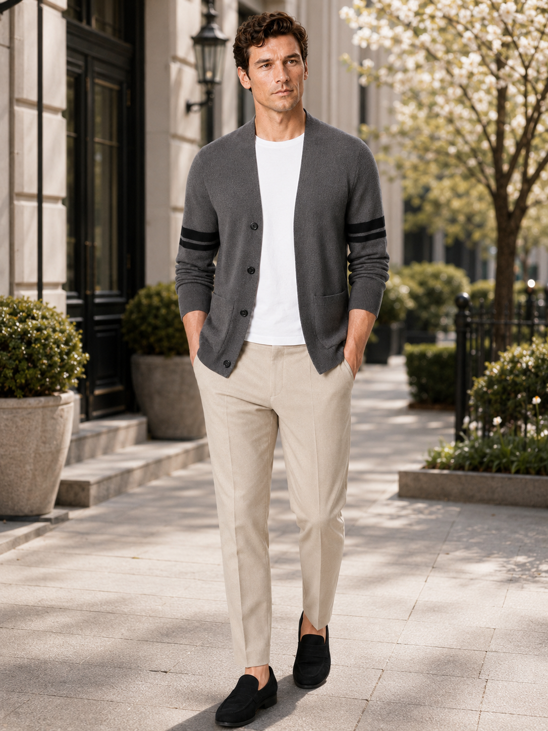 Man styling brown striped cardigan sweater in a refined spring everyday lifestyle outfit