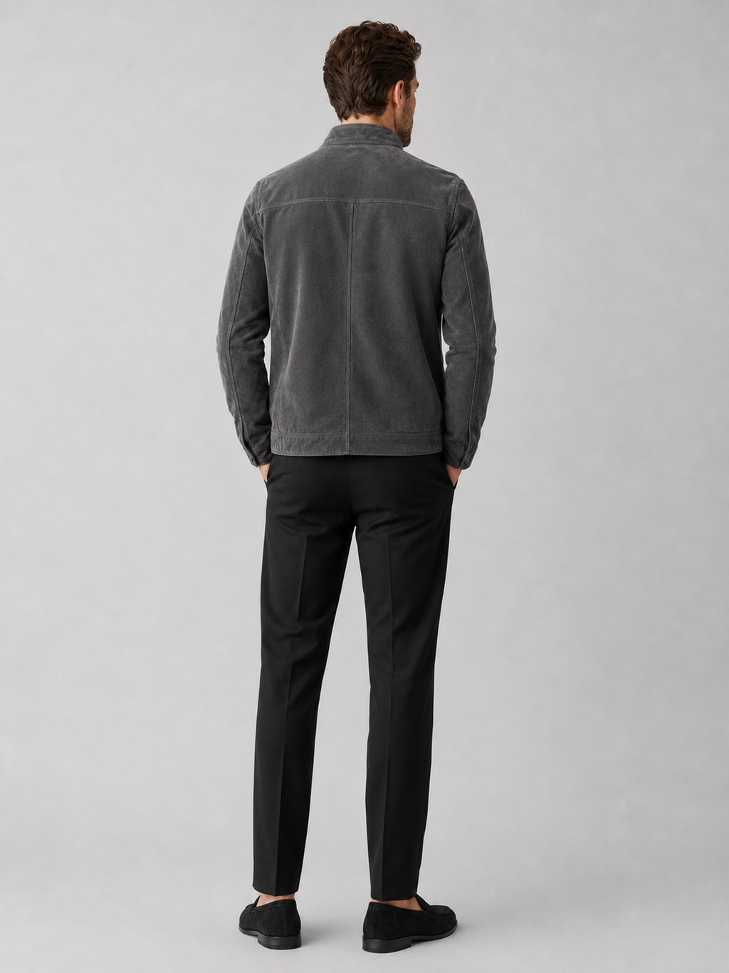 Men’s gray suede jacket comfortable lightweight layer for streetwear and everyday outfits