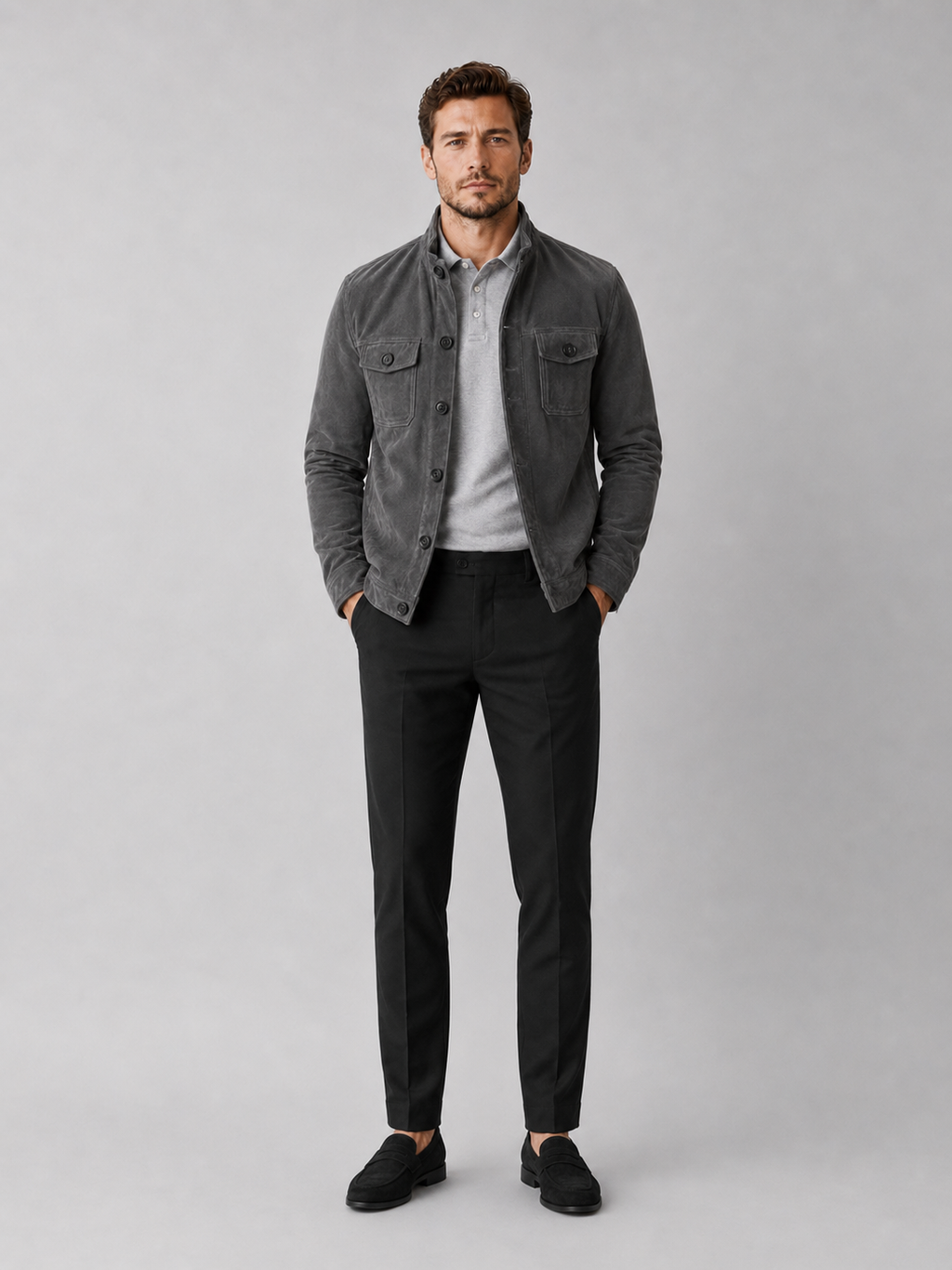 Gray suede chore jacket for men casual fall outerwear for daily wear and outdoor use