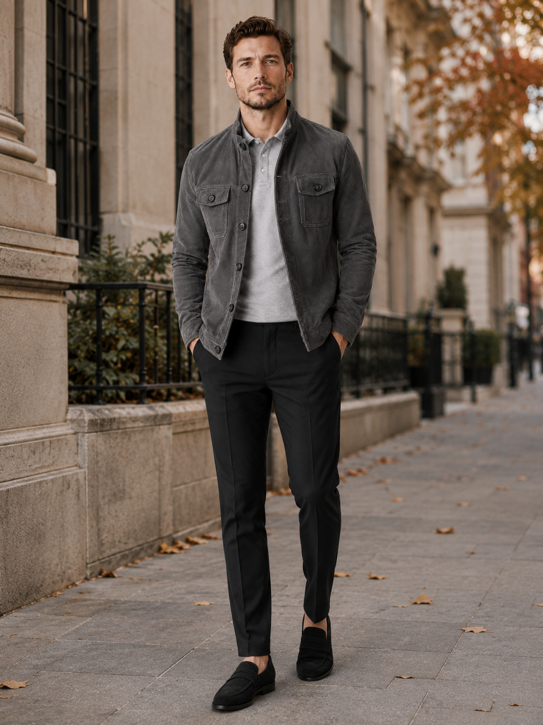 Man styling gray suede chore jacket in a clean everyday streetwear lifestyle outfit