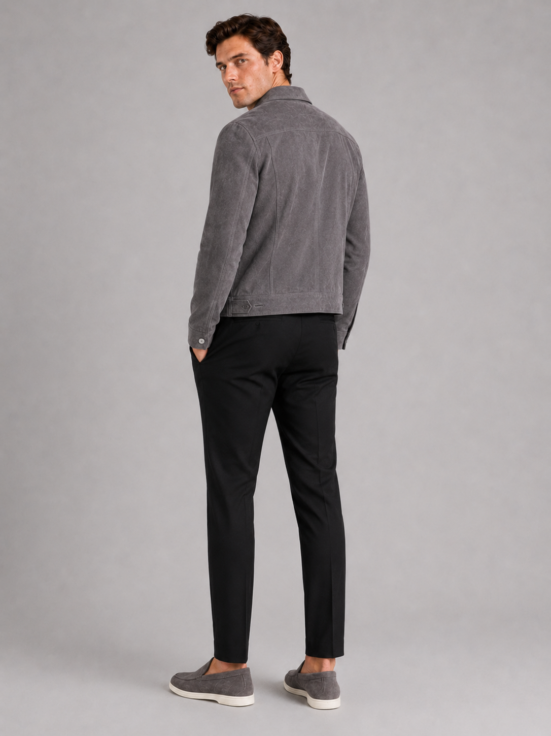 Men’s gray casual suede jacket tailored fit for smart casual outfits