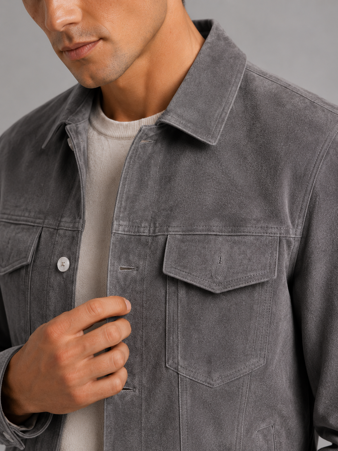 Close up of gray suede jacket showing soft texture and refined collar detail