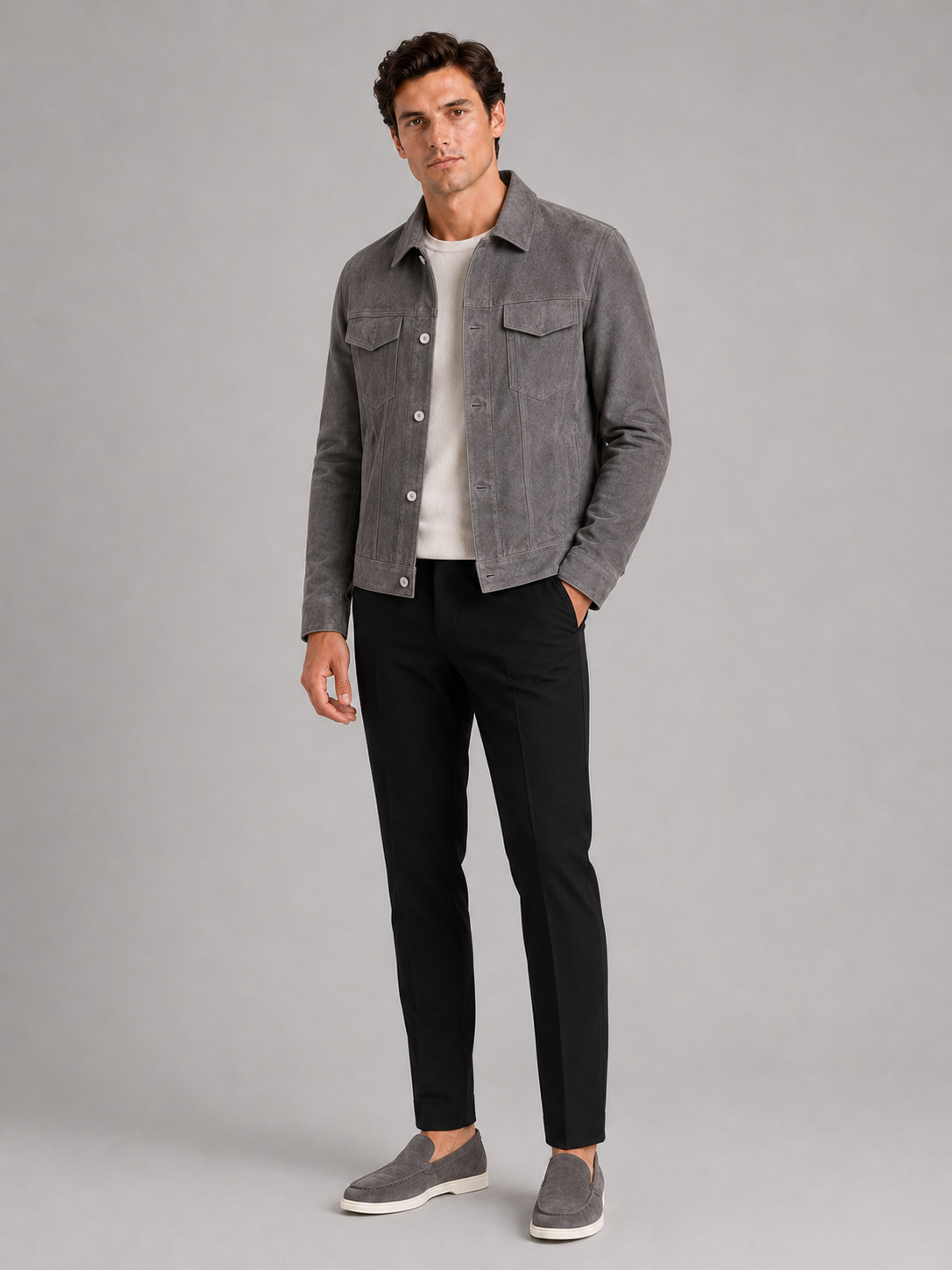 Gray suede jacket for men slim fit lightweight outerwear for everyday fall wear