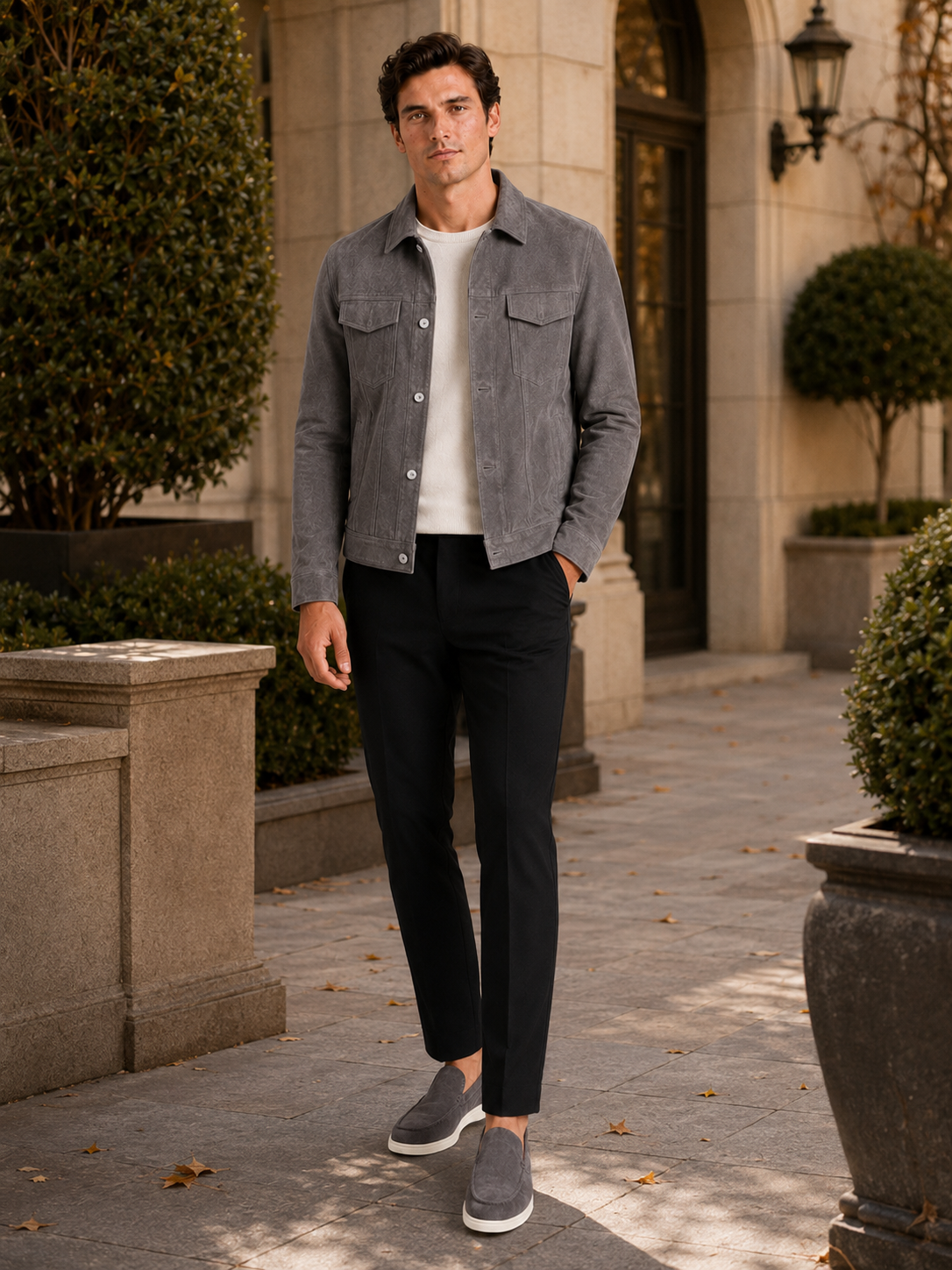 Man styling gray suede fall jacket in a clean everyday lifestyle outfit