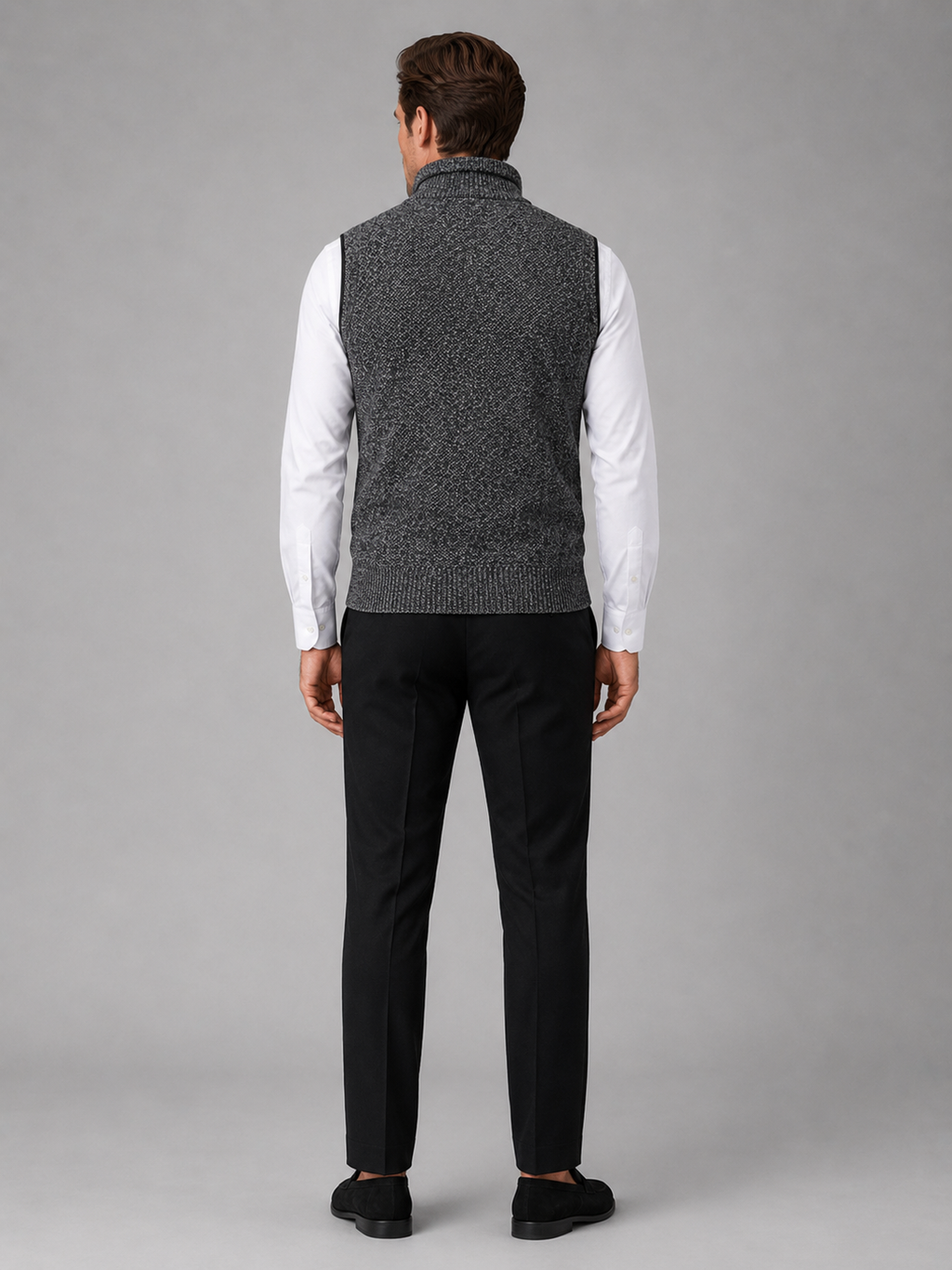 Men’s gray stand collar sweater vest comfortable sleeveless knit layer for office and casual outfits