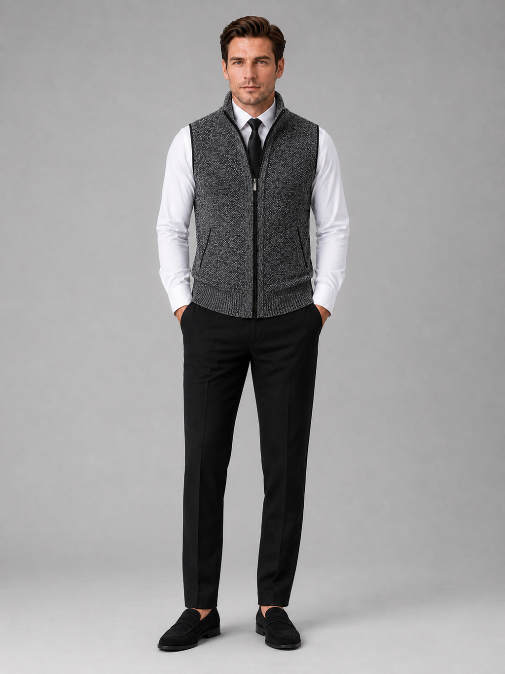 Gray full zip sweater vest for men slim fit knit layer for business casual and everyday wear