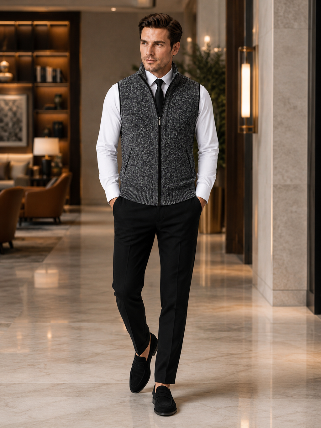 Man styling gray full zip sweater vest in a clean business casual and everyday lifestyle outfit