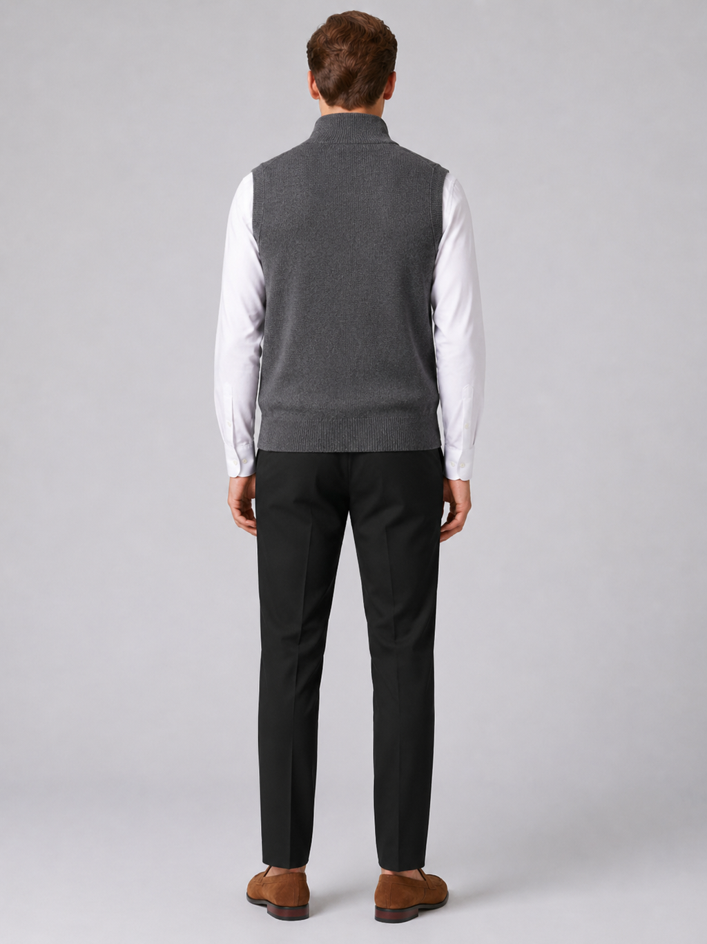 Men’s gray mock neck sweater vest comfortable sleeveless knit layer for office and casual outfits