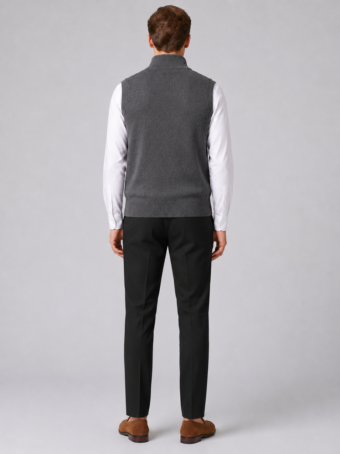 Men’s gray mock neck sweater vest comfortable sleeveless knit layer for office and casual outfits