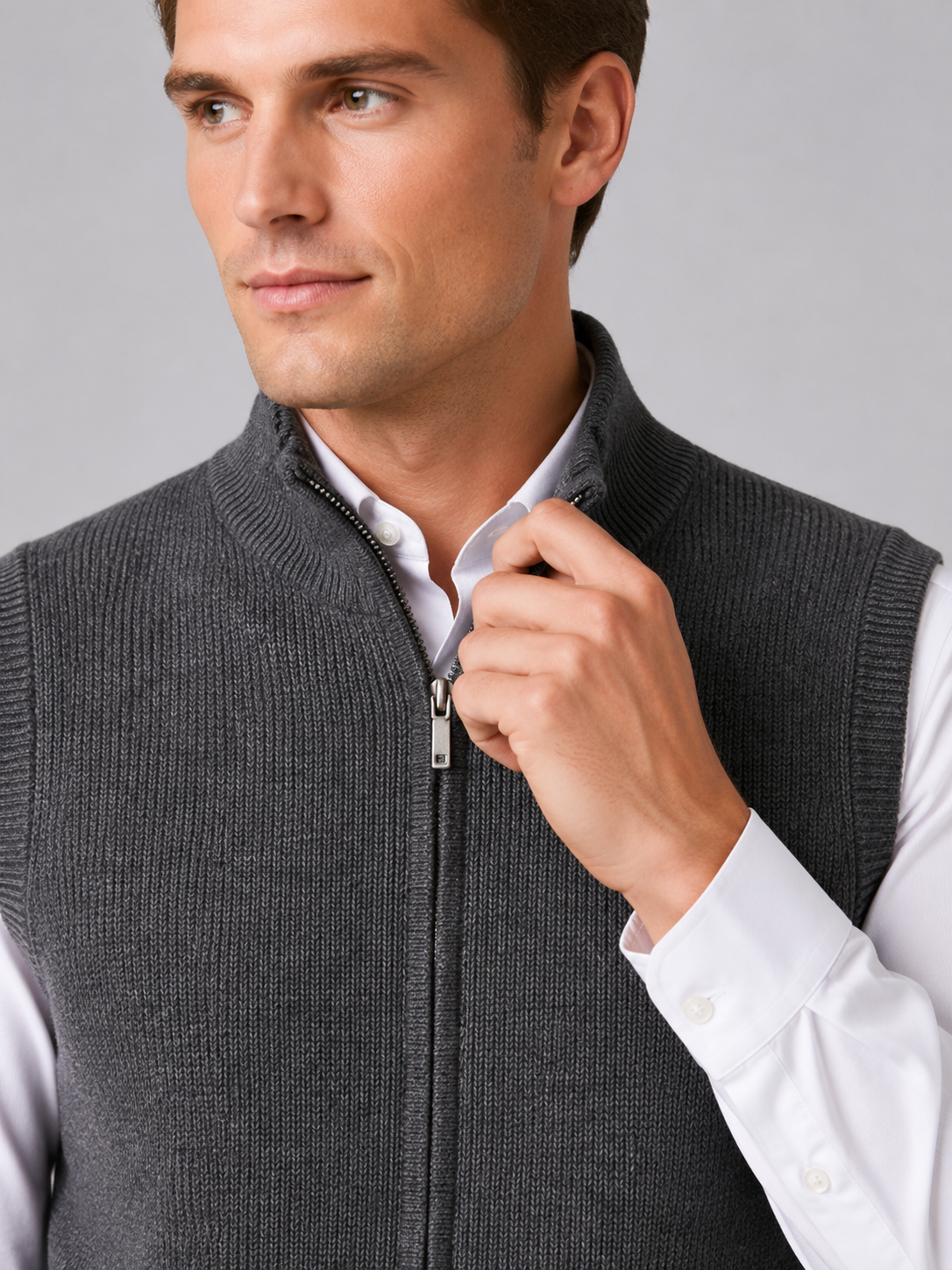 Close up of gray full zip sweater vest showing soft knit texture and mock neck zipper detail