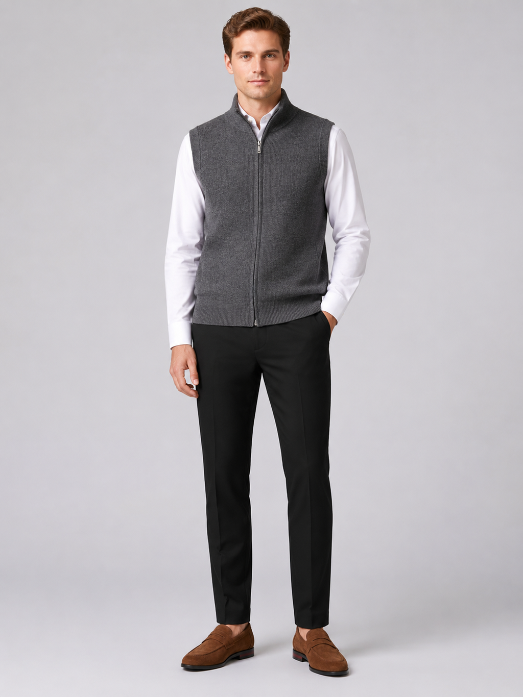 Gray full zip sweater vest for men warm knit layer for business casual and everyday wear