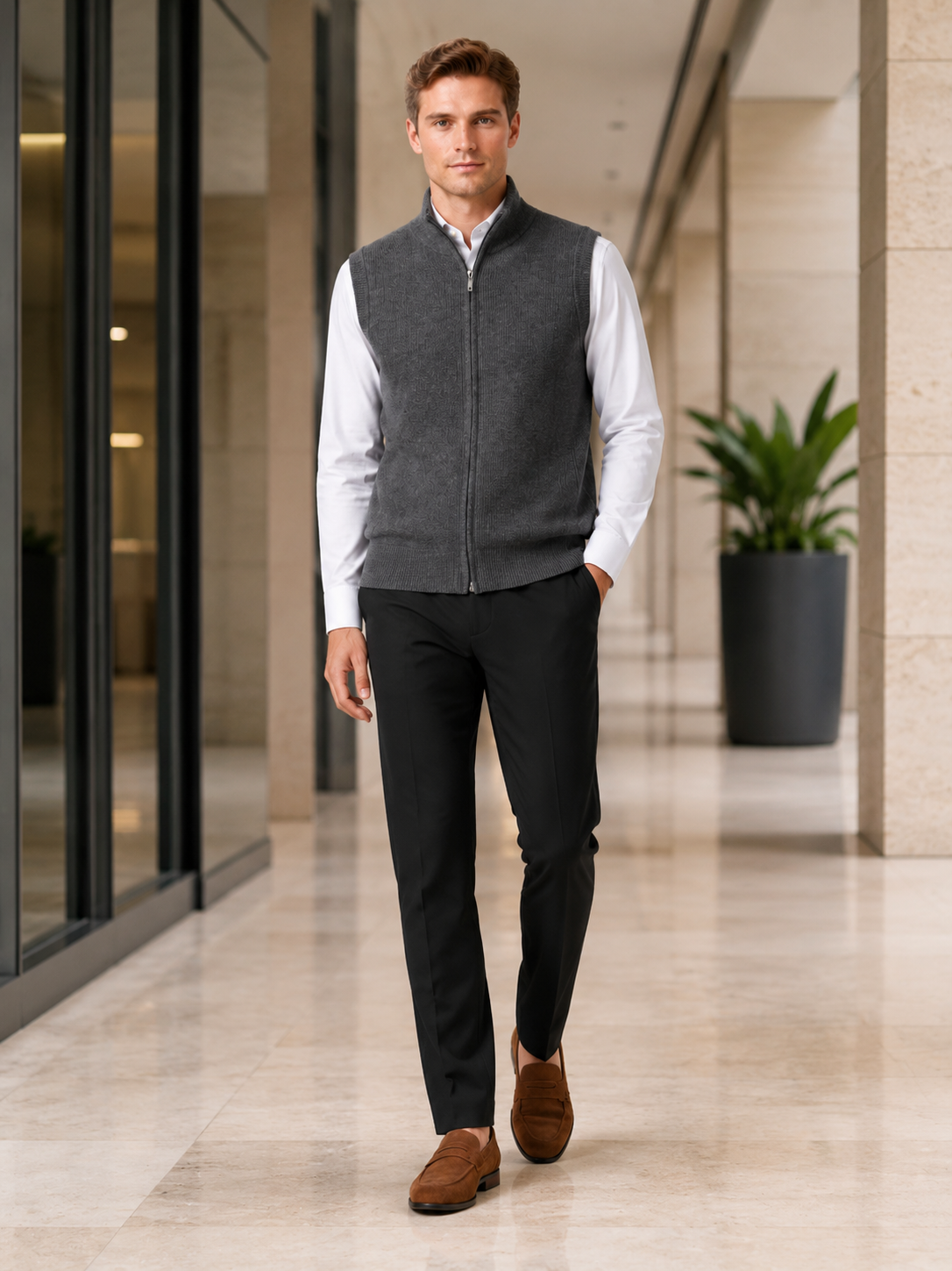 Man styling gray full zip sweater vest in a polished business casual and everyday lifestyle outfit