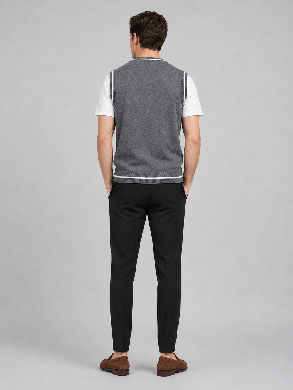 Men’s gray patchwork knit sweater vest comfortable sleeveless layer for office and smart casual outfits