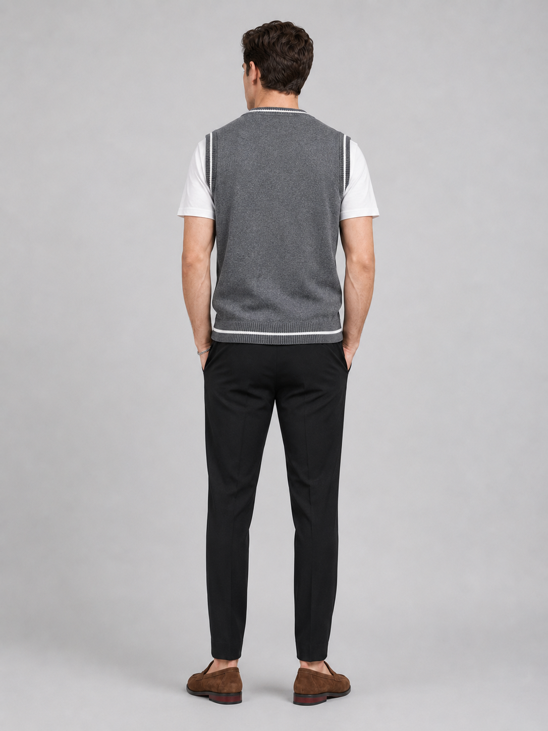 Men’s gray patchwork knit sweater vest comfortable sleeveless layer for office and smart casual outfits