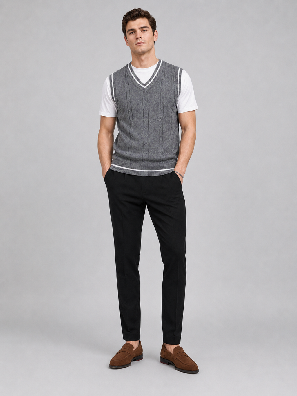 Gray v neck sweater vest for men slim fit knit layer for business casual and everyday wear