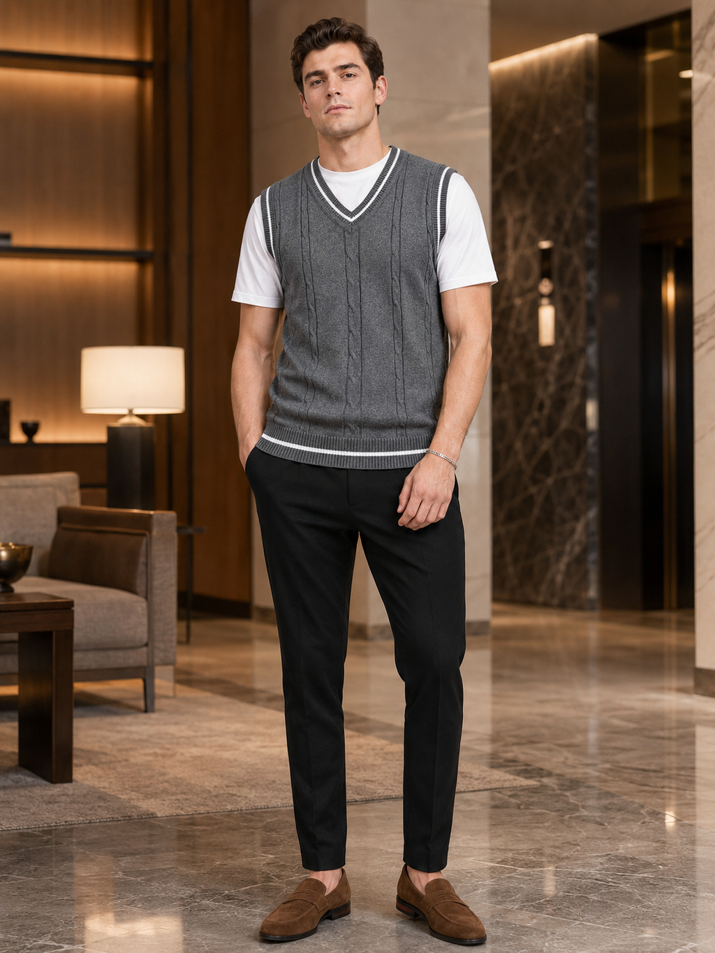 Man styling gray v neck sweater vest in a clean business casual and everyday lifestyle outfit