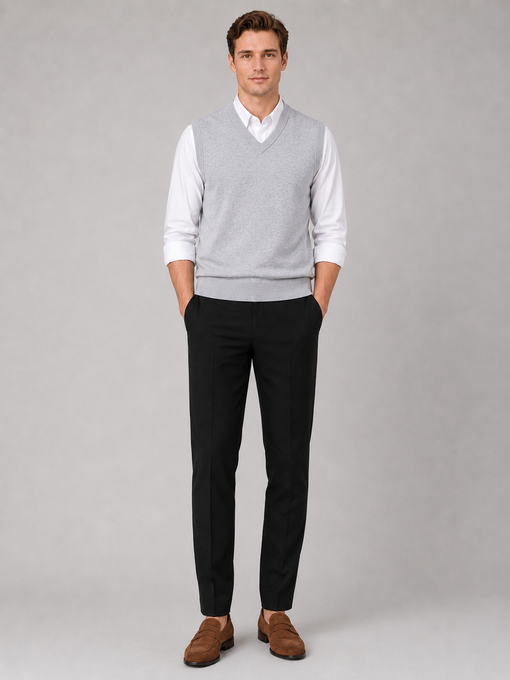 Gray v neck sweater vest for men lightweight knit layer for business casual and everyday wear