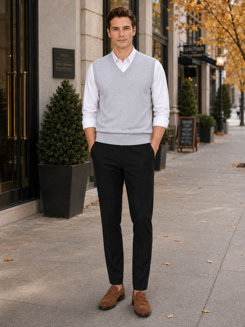 Man styling gray sweater vest in a clean business casual and everyday lifestyle outfit