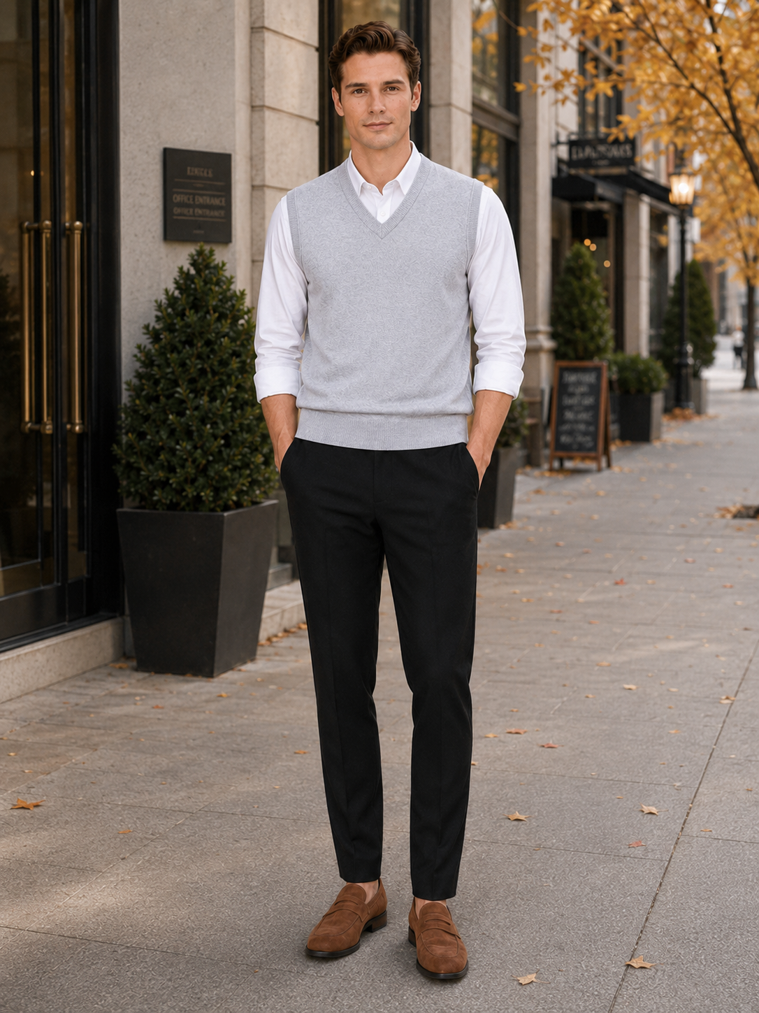 Man styling gray sweater vest in a clean business casual and everyday lifestyle outfit