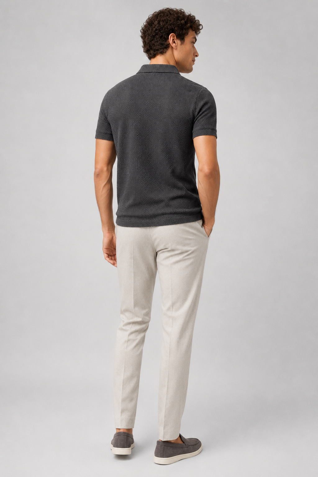 Gray textured knit polo shirt for men lightweight breathable smart casual everyday outfit