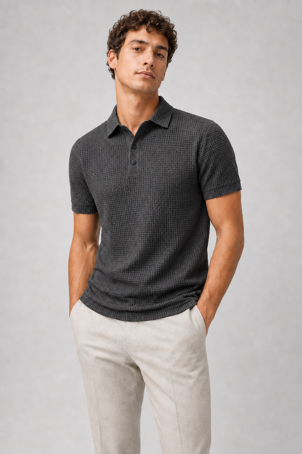 Men wearing gray textured knit polo shirt short sleeve button placket business casual summer style