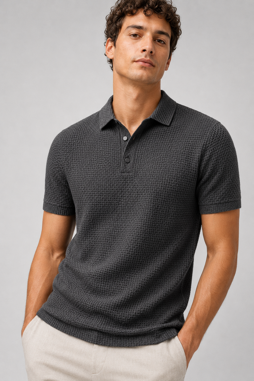Men’s gray short sleeve knit polo with button placket refined summer business casual wear