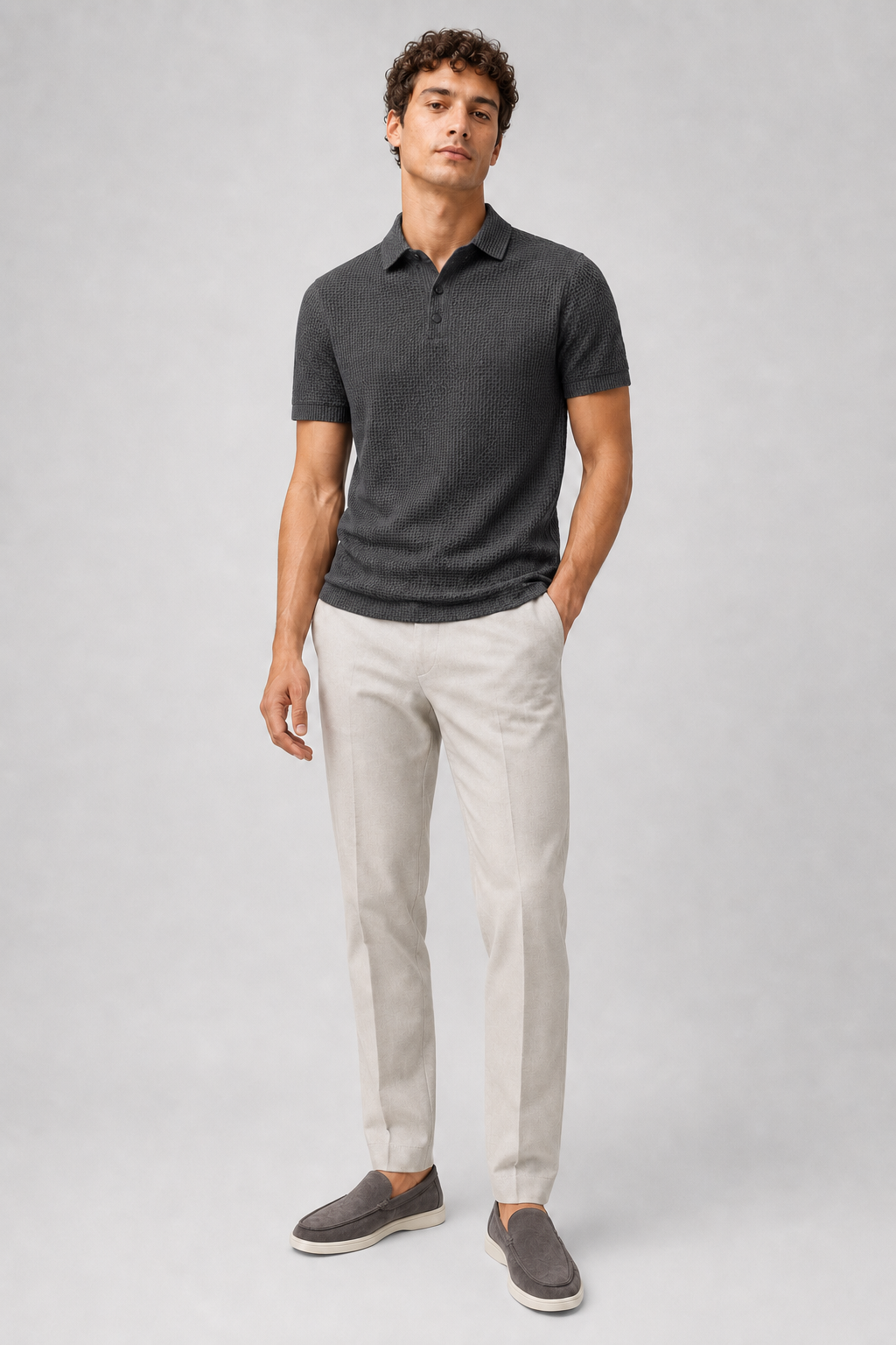 Gray lightweight textured polo shirt minimal modern top for smart casual style