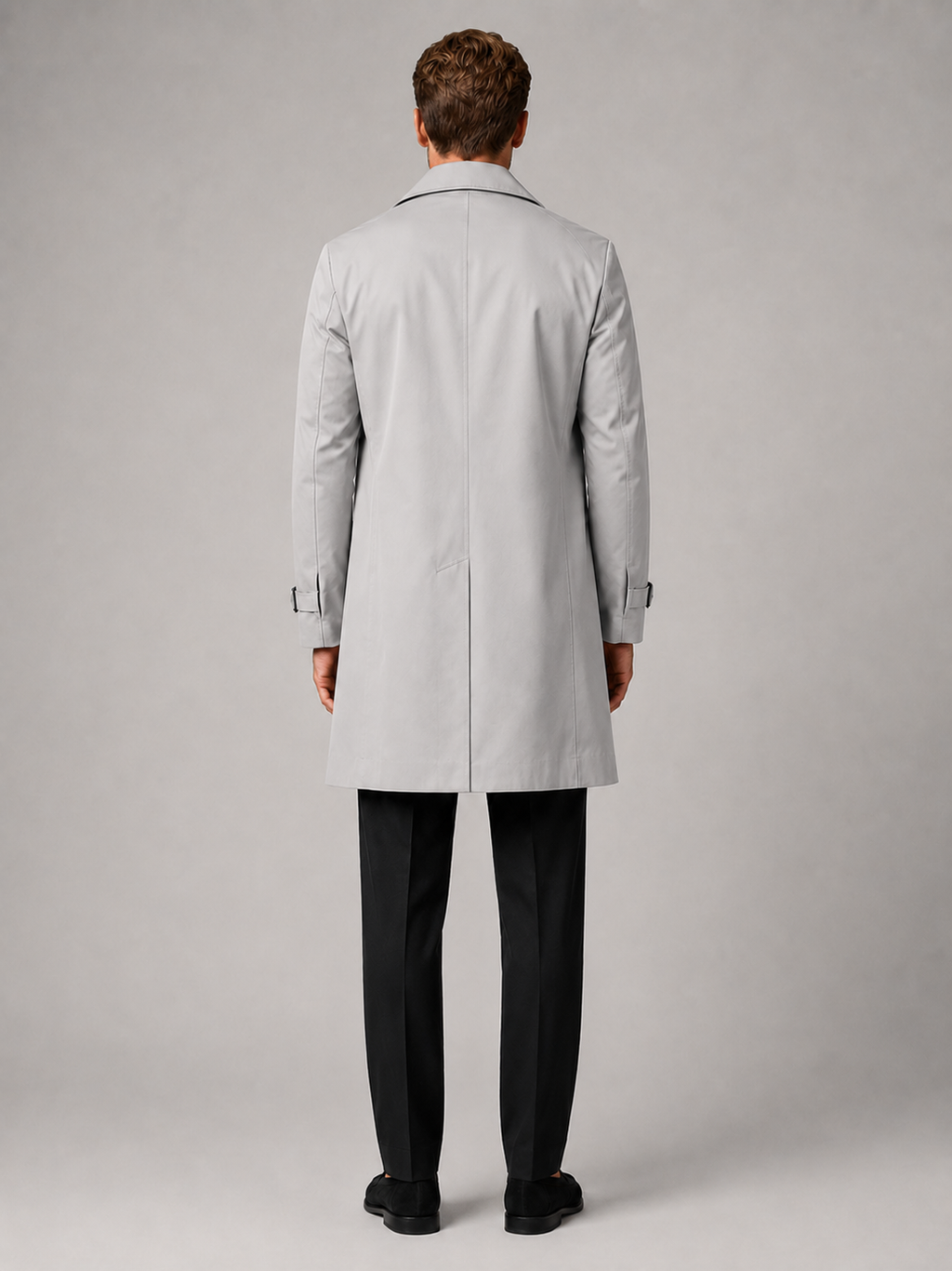 Men’s gray double breasted trench coat comfortable fall outerwear for casual and commuting outfits