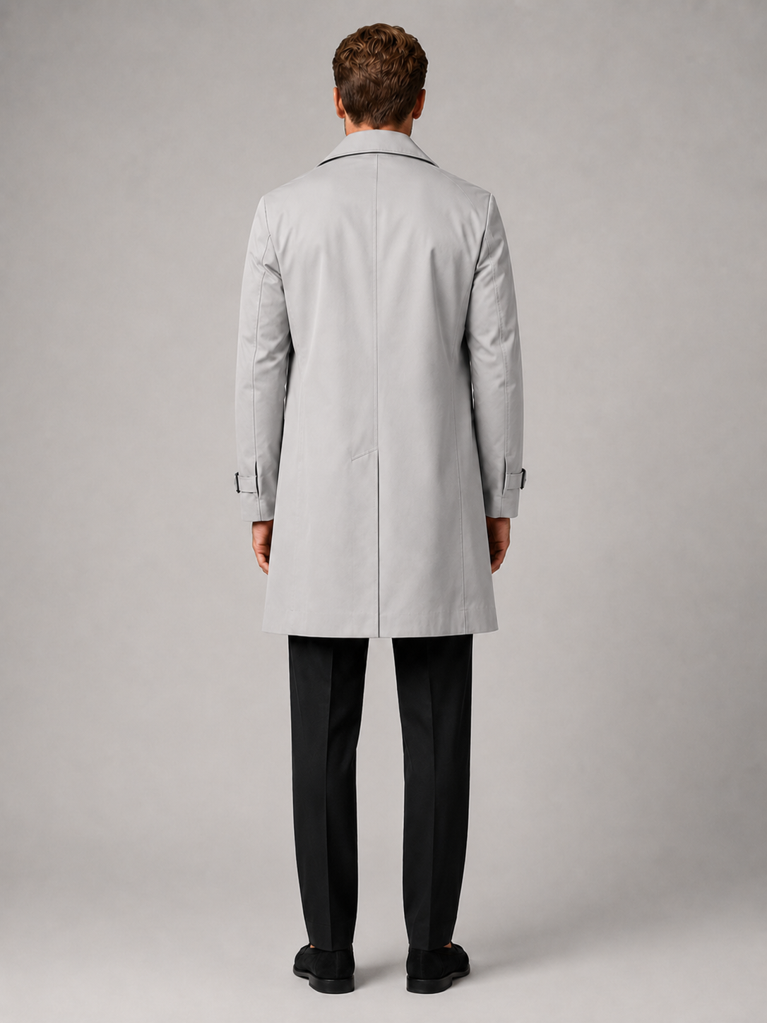 Men’s gray double breasted trench coat comfortable fall outerwear for casual and commuting outfits