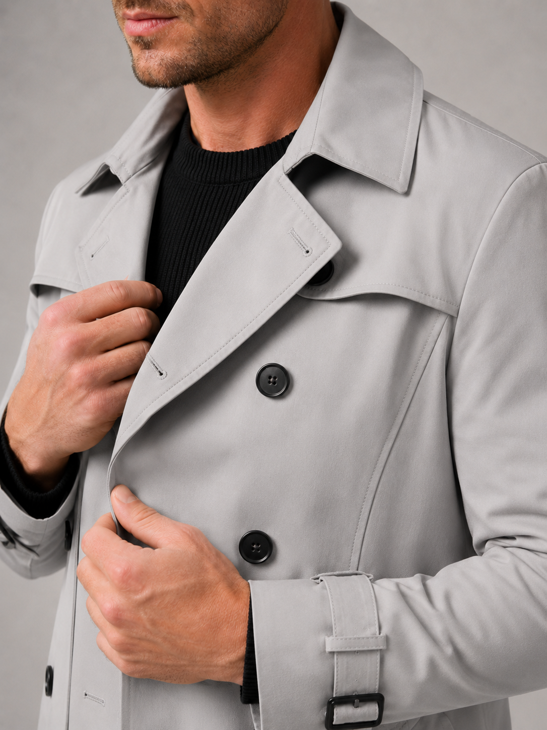 Close up of gray trench coat showing double breasted front, structured lapel, and premium fabric detail
