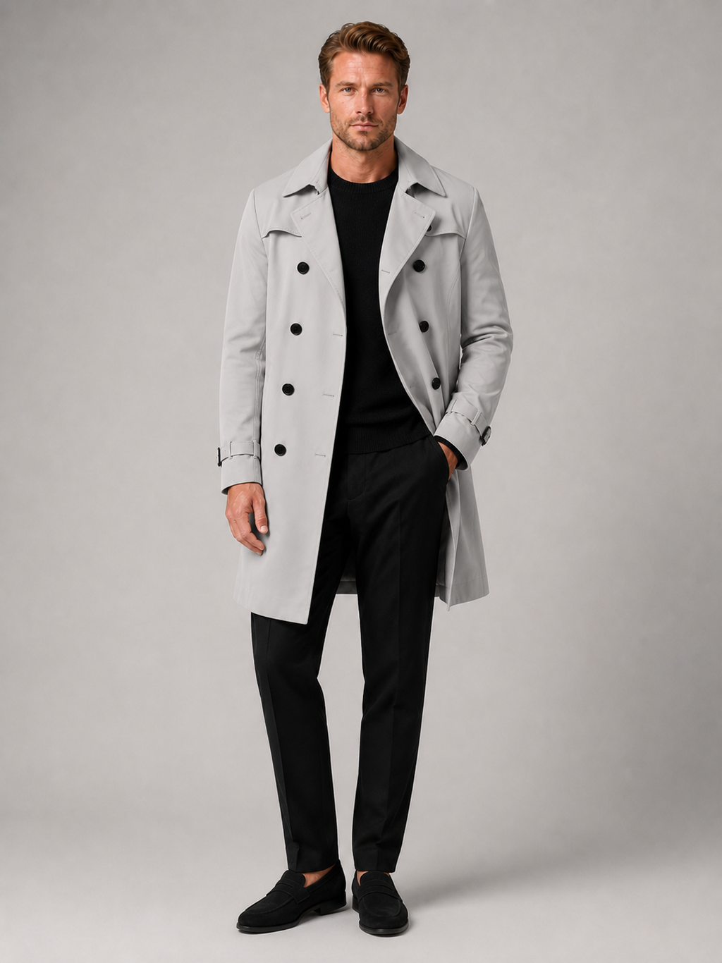 Gray knee length trench coat for men windproof long coat for outdoor and everyday wear
