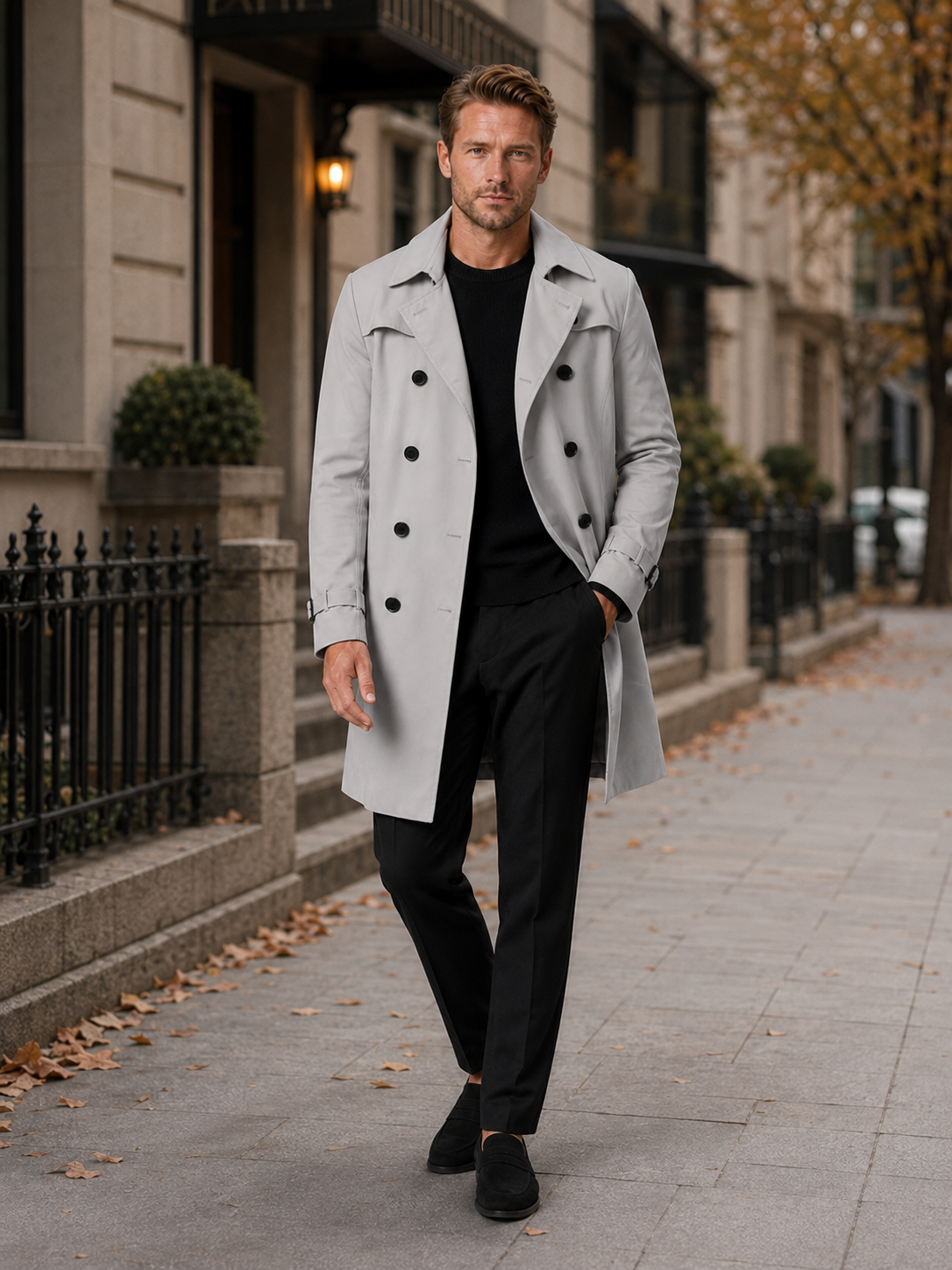 Man styling gray trench coat in a refined outdoor and everyday lifestyle outfit