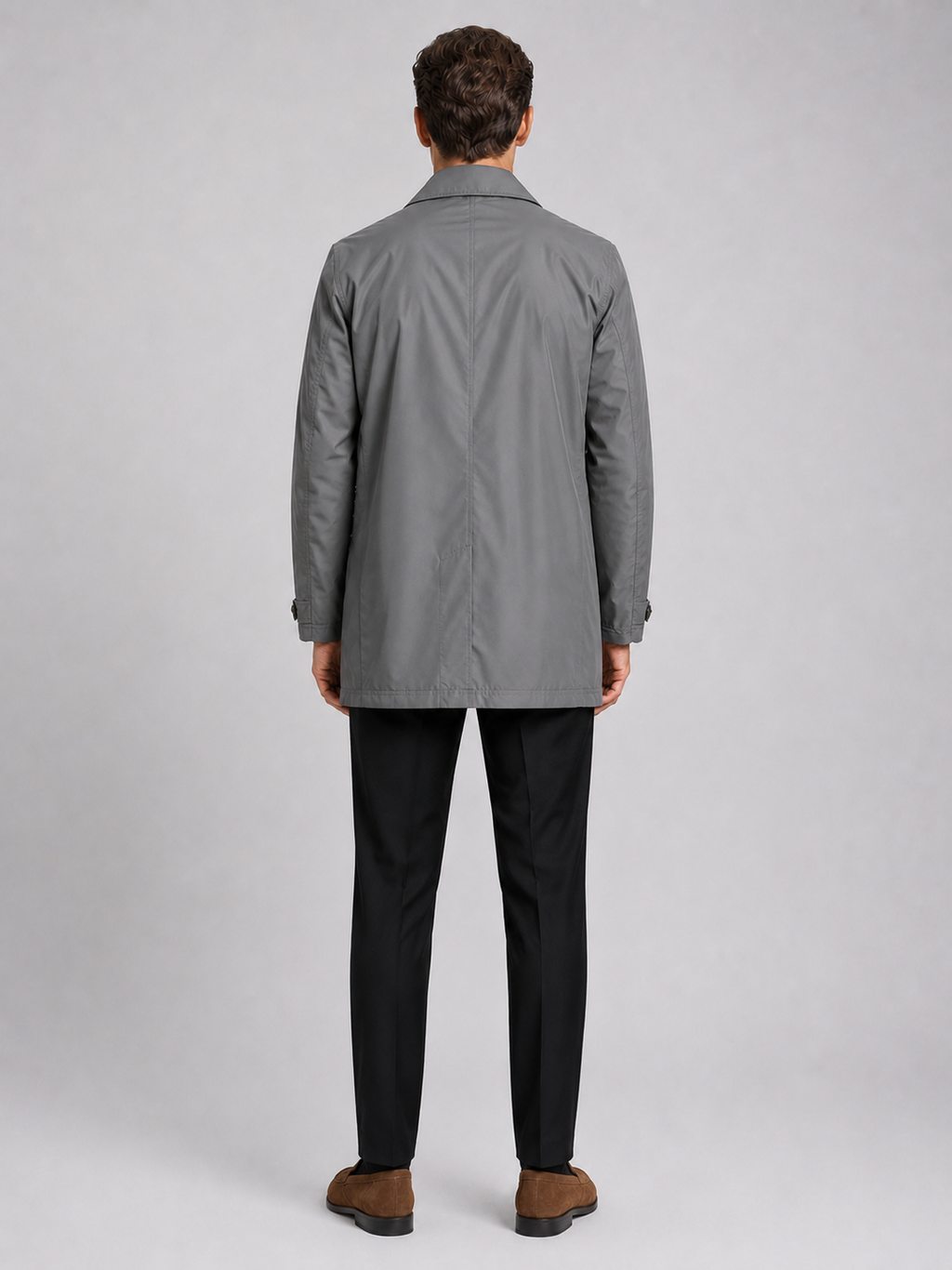 Men’s gray button up trench coat comfortable fall winter coat for office and commuting outfits