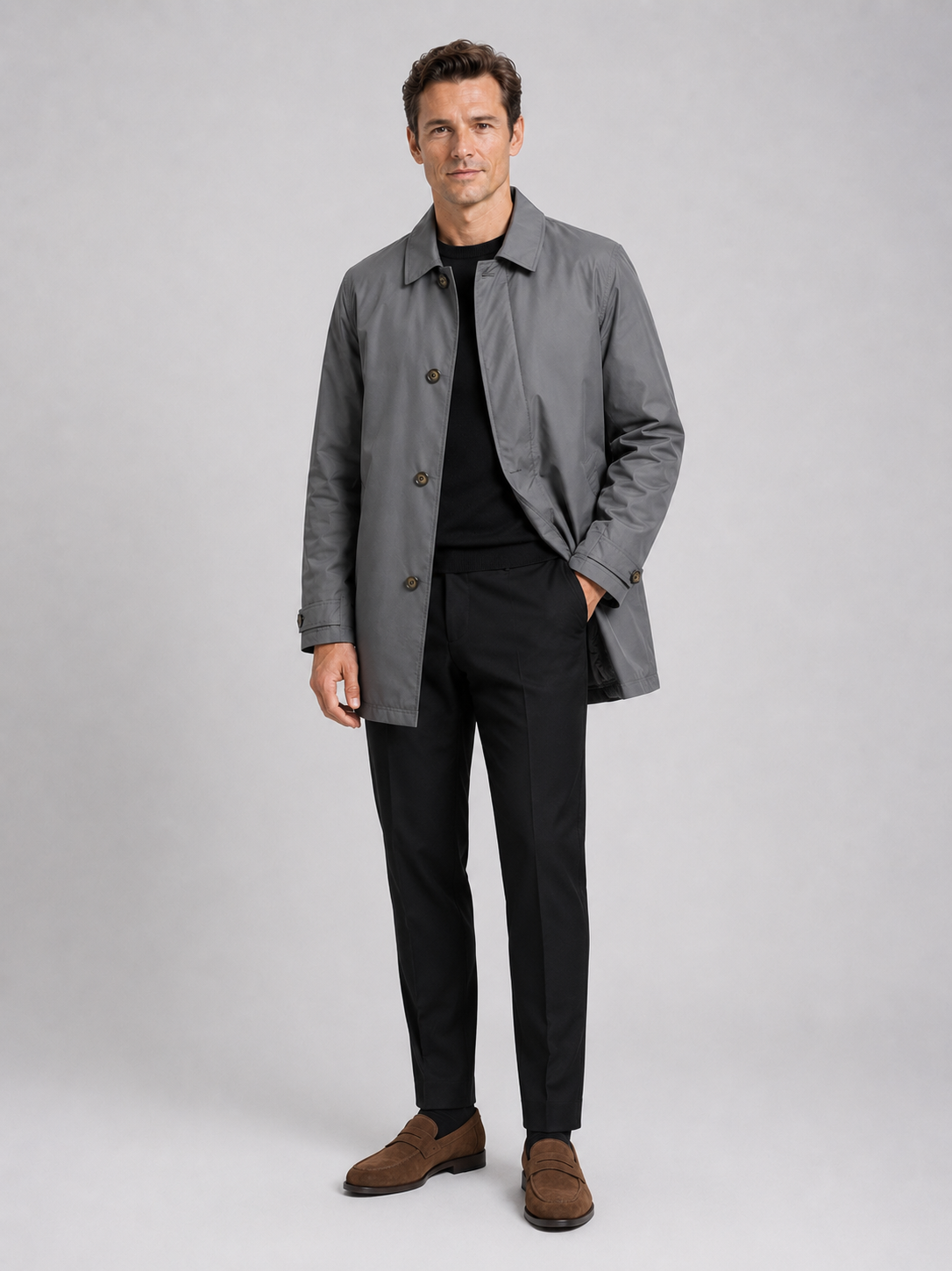 Gray medium length trench coat for men warm windproof outerwear for business casual and everyday wear