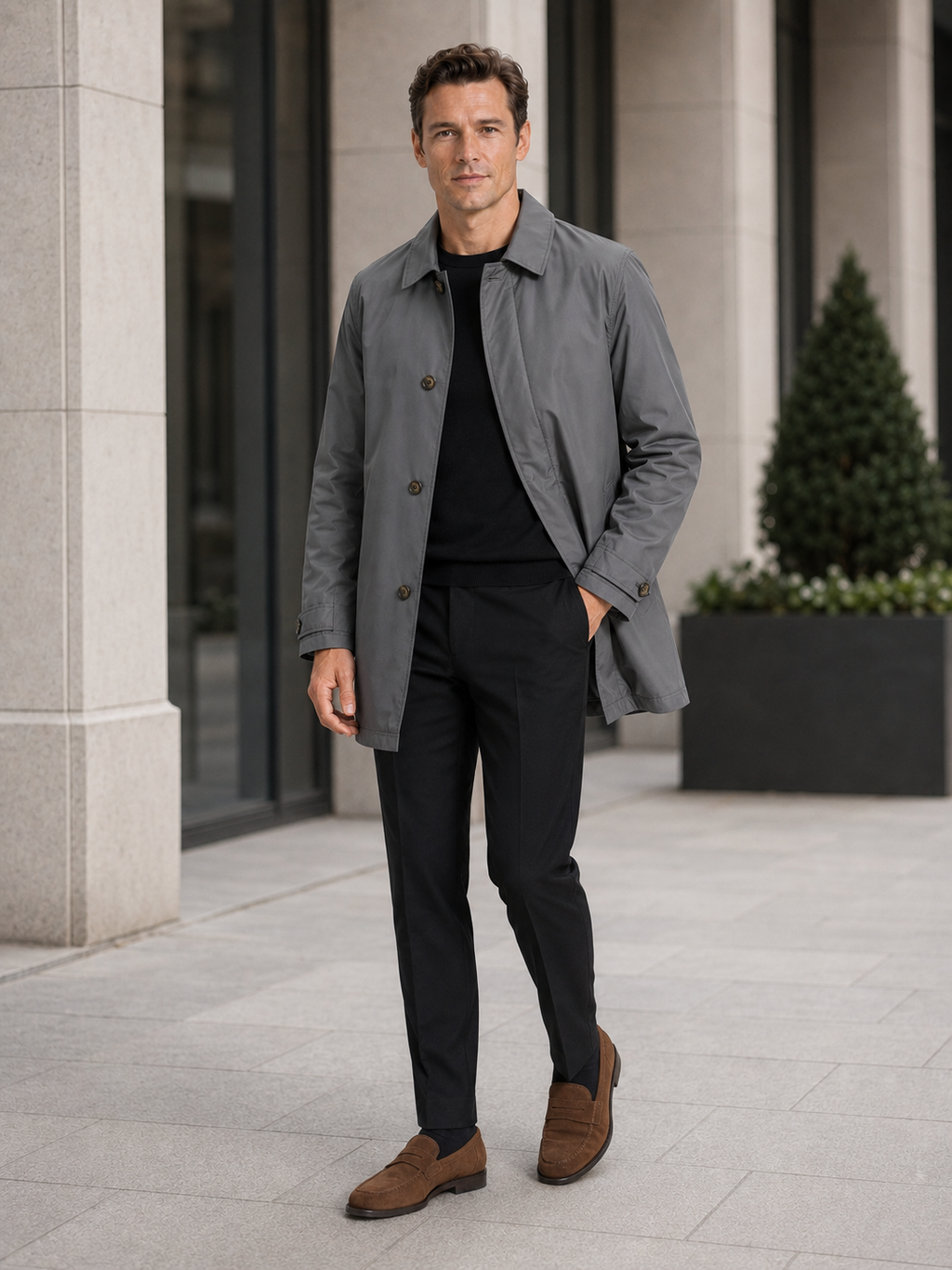 Man styling gray trench coat in a clean business casual and everyday lifestyle outfit
