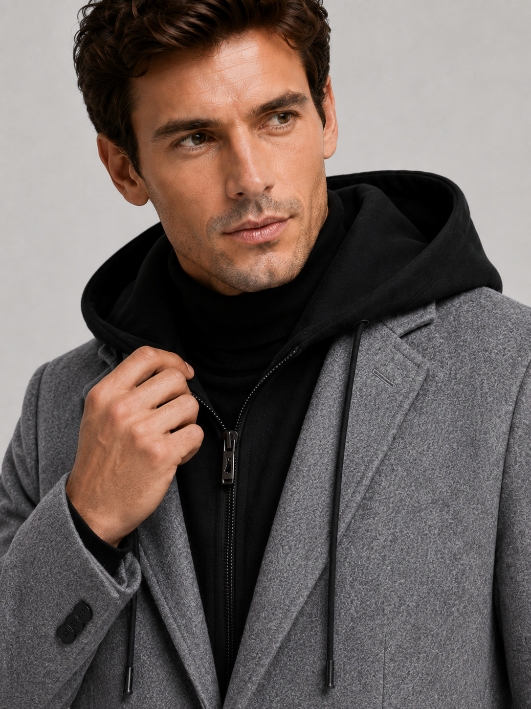Detail photo of a man wearing a gray wool hooded trench coat, close up of the wool texture, hood, collar, buttons, cuffs, and pocket construction