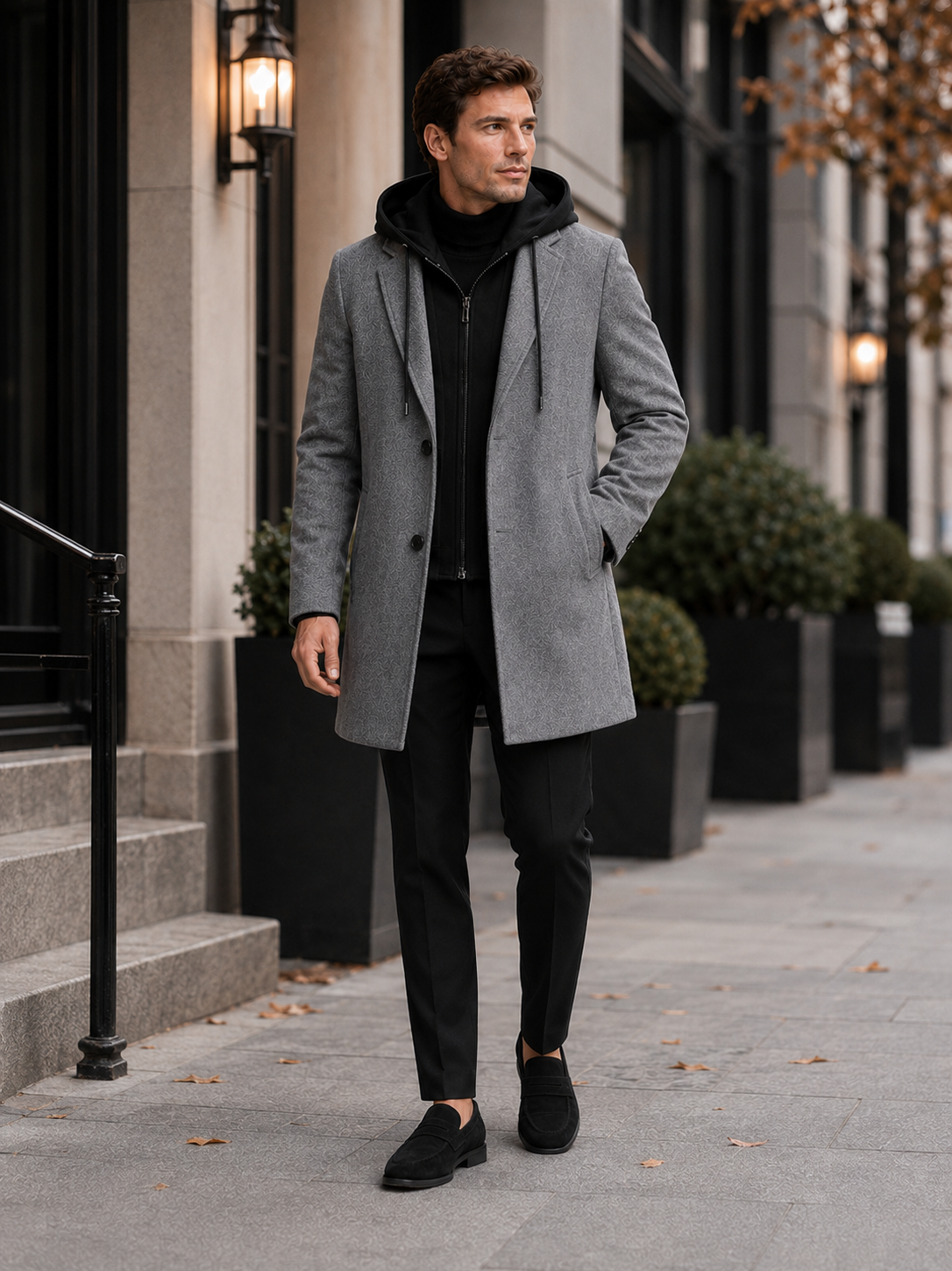 Lifestyle photo of a man wearing a gray wool hooded trench coat in a clean winter city setting, business casual and everyday style
