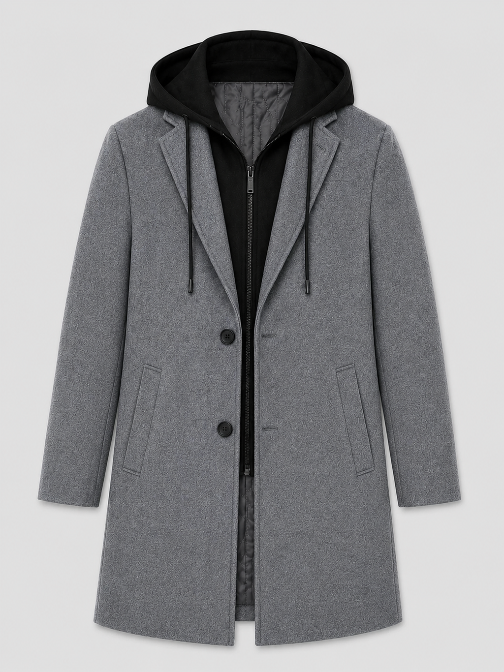 Product photo of a gray wool hooded trench coat showing the full coat, structured silhouette, front closure, pockets, and warm fabric texture